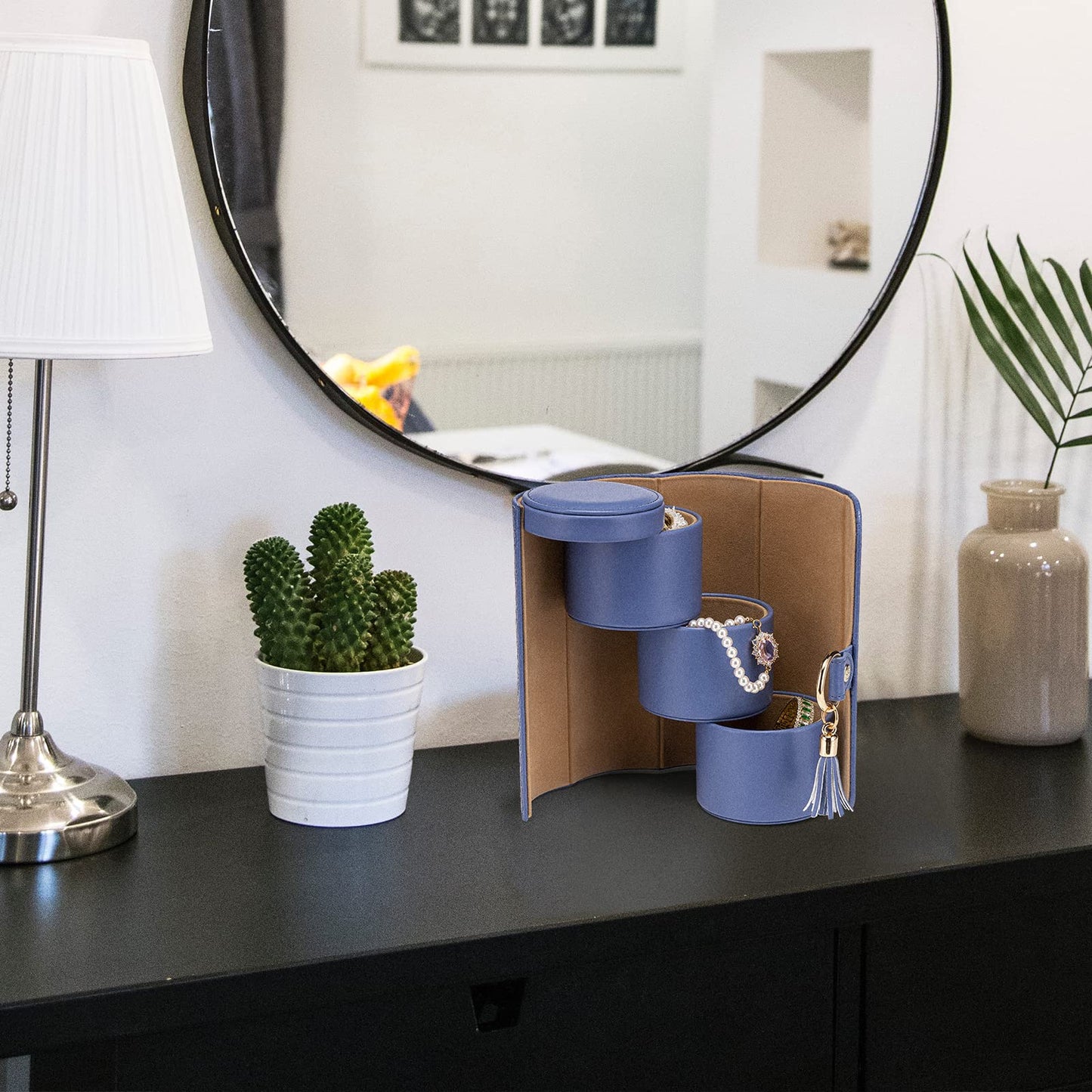 Purple Travel Jewelry Case: 3-Layer PU Cylinder Organizer for Necklaces, Earrings, Gifts for Travelers & Jewelry Lovers