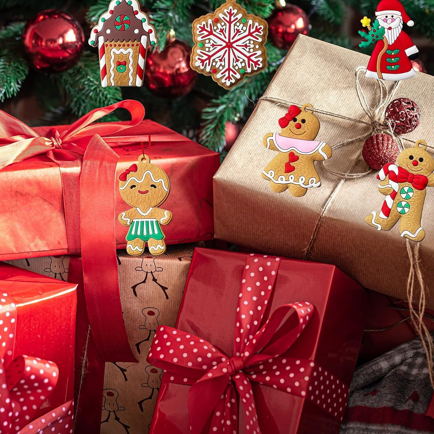 24pcs Christmas Ornaments Cute Snowman Xmas Tree Decorations Santa Claus Plastic Figurines Ornaments with Sugar Cookie House for Christmas Tree Hanging Party DIY Decor 3 Inch Tall