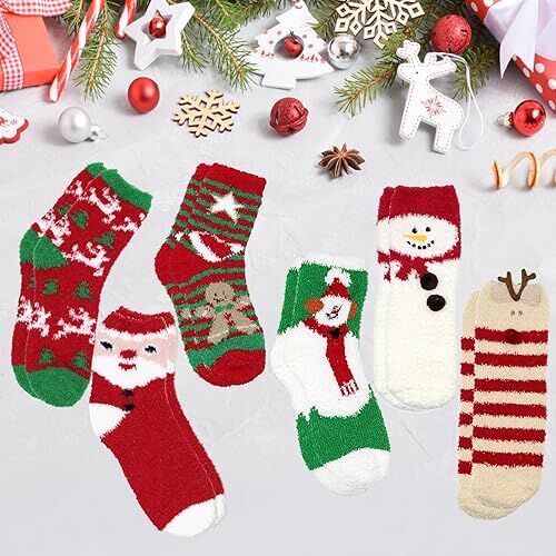 Christmas Socks - 6 Pairs Cozy Warm Fluffy Plush Bed Socks for Women, Girls - Cute Coral Fleece Xmas Indoor