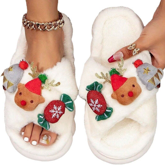 Christmas Cartoon Plush Slippers, Unisex Lightweight Thick-Soled Anti-Slip Fuzzy Slippers for Couples & Family(white-41-42)