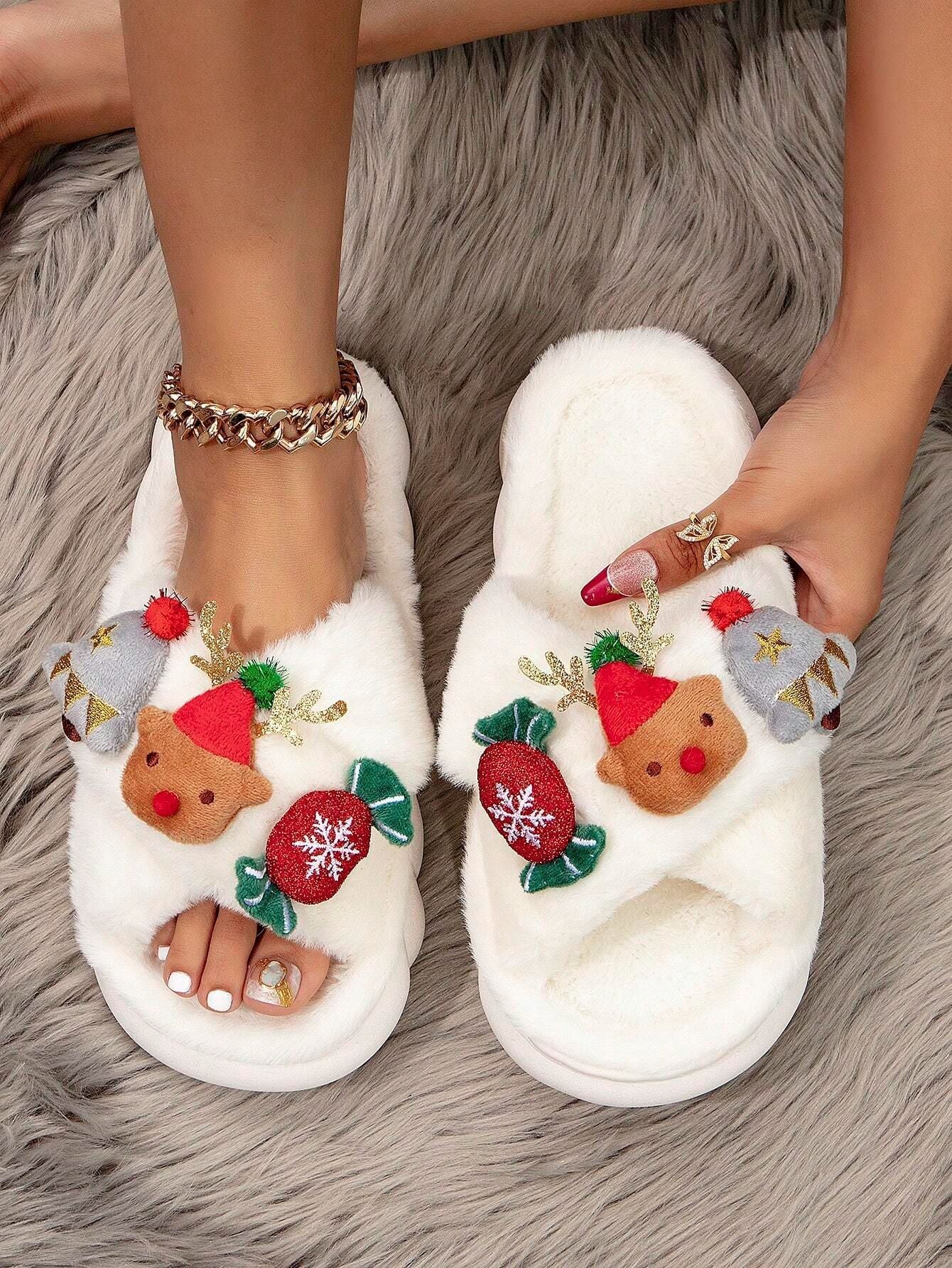Christmas Cartoon Plush Slippers, Unisex Lightweight Thick-Soled Anti-Slip Fuzzy Slippers for Couples & Family(white-41-42)