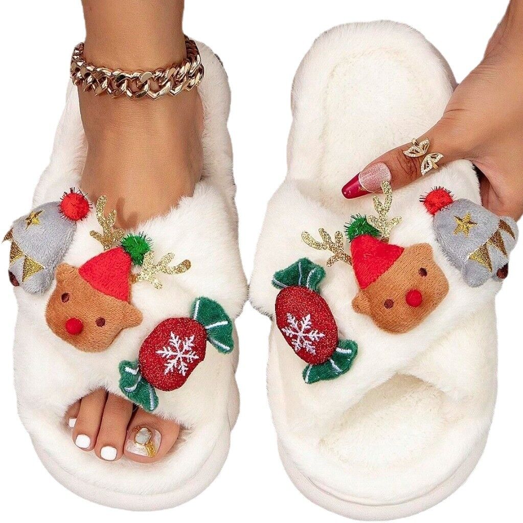 Christmas Cartoon Plush Slippers, Unisex Lightweight Thick-Soled Anti-Slip Fuzzy Slippers for Couples & Family(white-43-44)