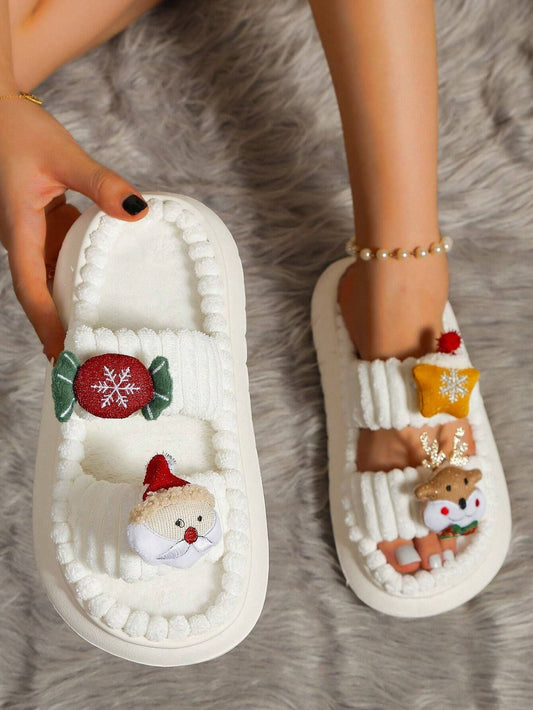 Christmas Cartoon Plush Slippers, Unisex Lightweight Thick-Soled Anti-Slip Fuzzy Slippers for Couples & Family(white-41-42)
