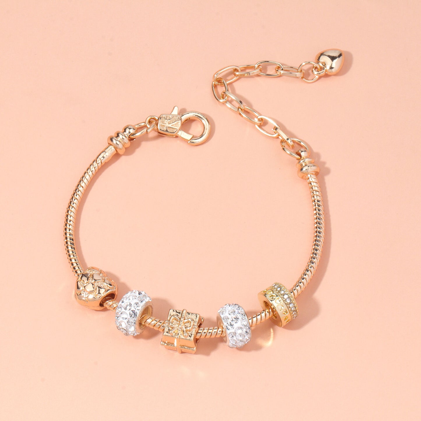 Rose Gold Crystal & Heart Charm Bracelet(rose gold,18cm)