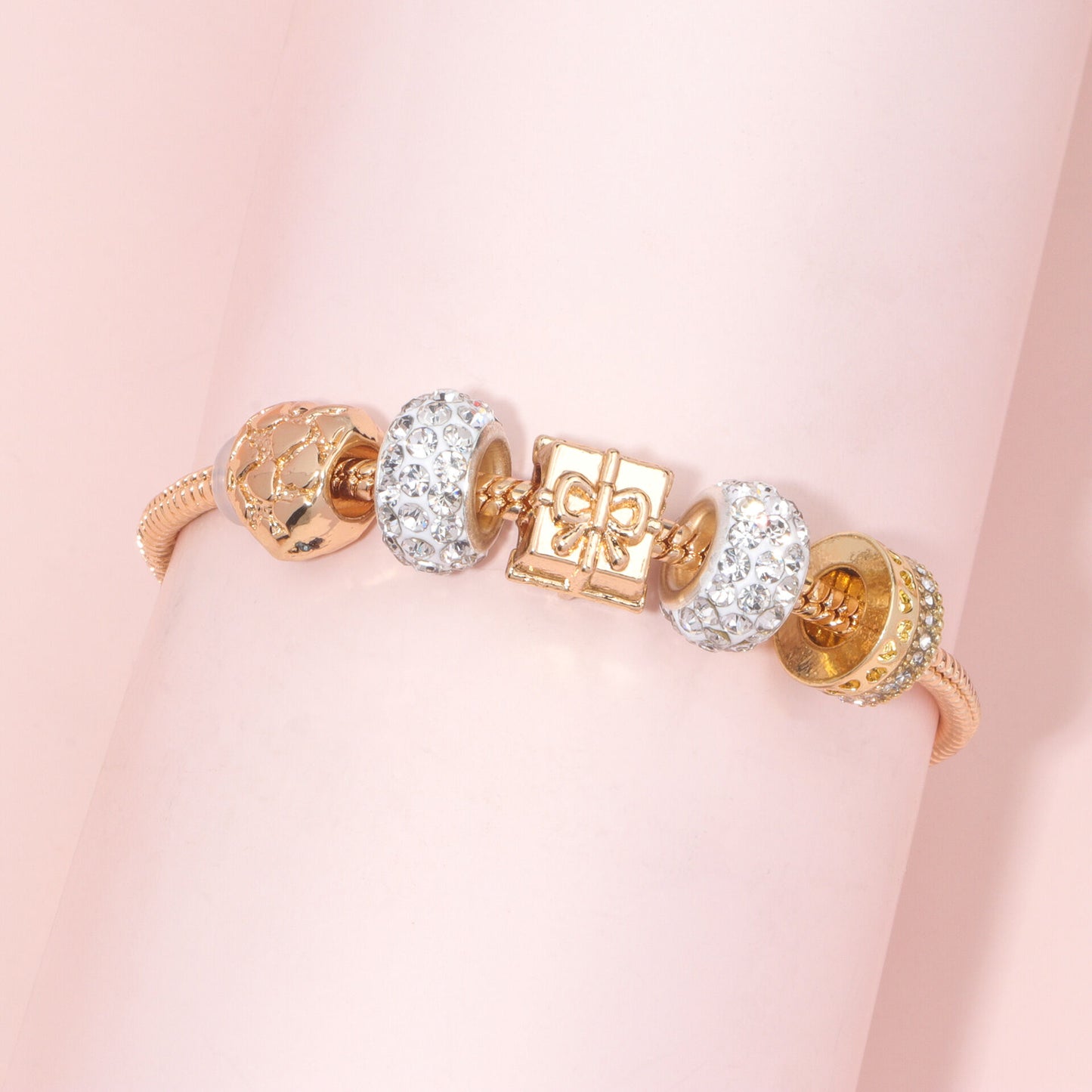 Rose Gold Crystal & Heart Charm Bracelet(rose gold,19cm)