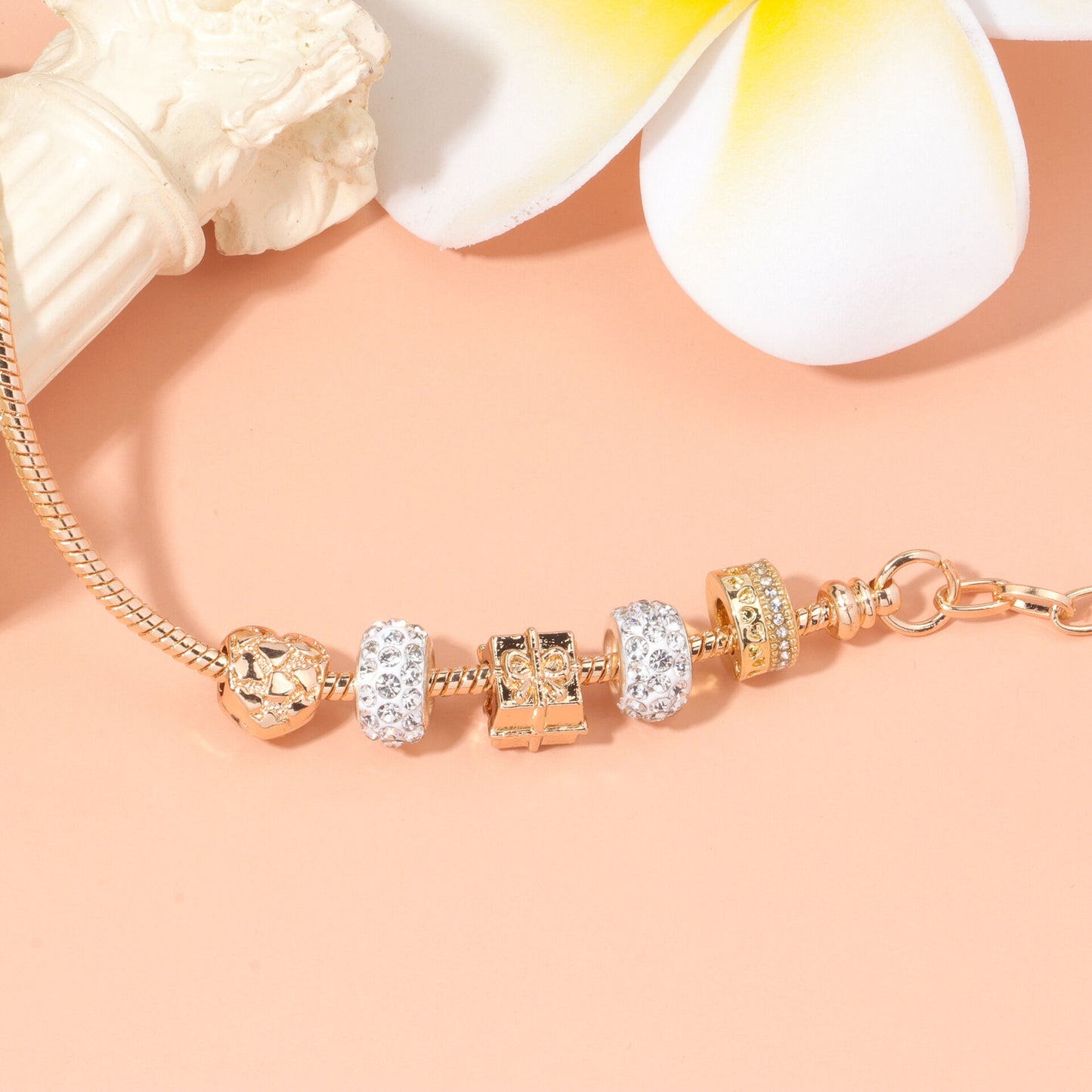 Rose Gold Crystal & Heart Charm Bracelet(rose gold,20cm)