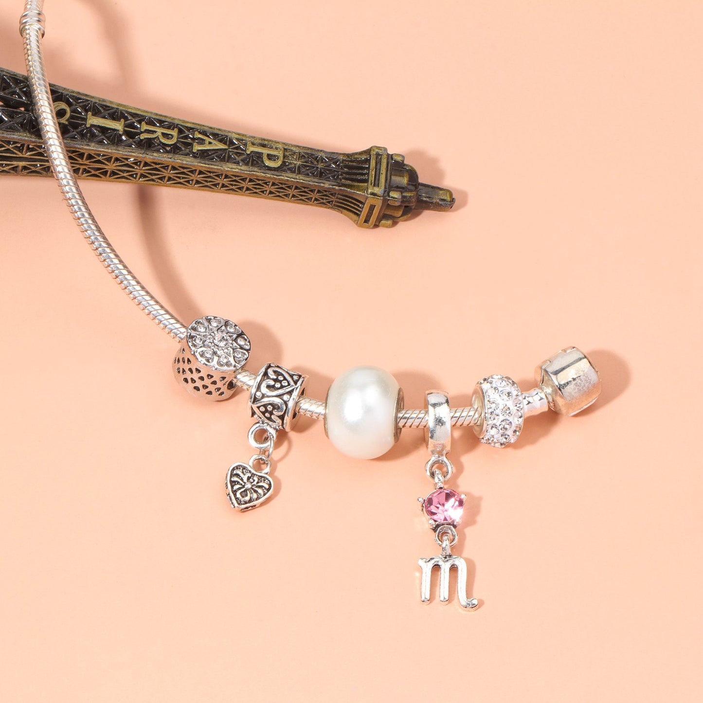 Constellation Heart Crystal Charm Bracelet(silver-toned,17cm)