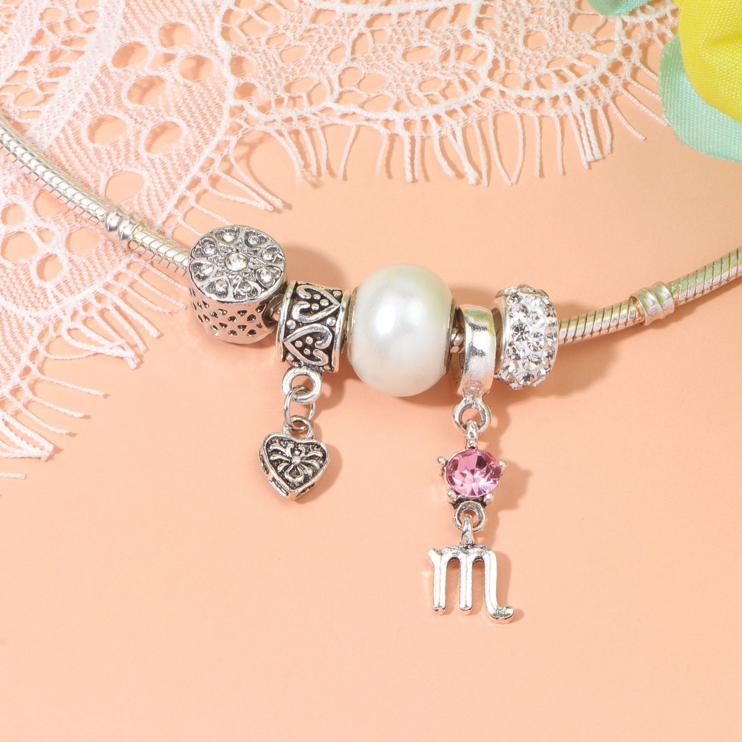 Constellation Heart Crystal Charm Bracelet(silver-toned,17cm)