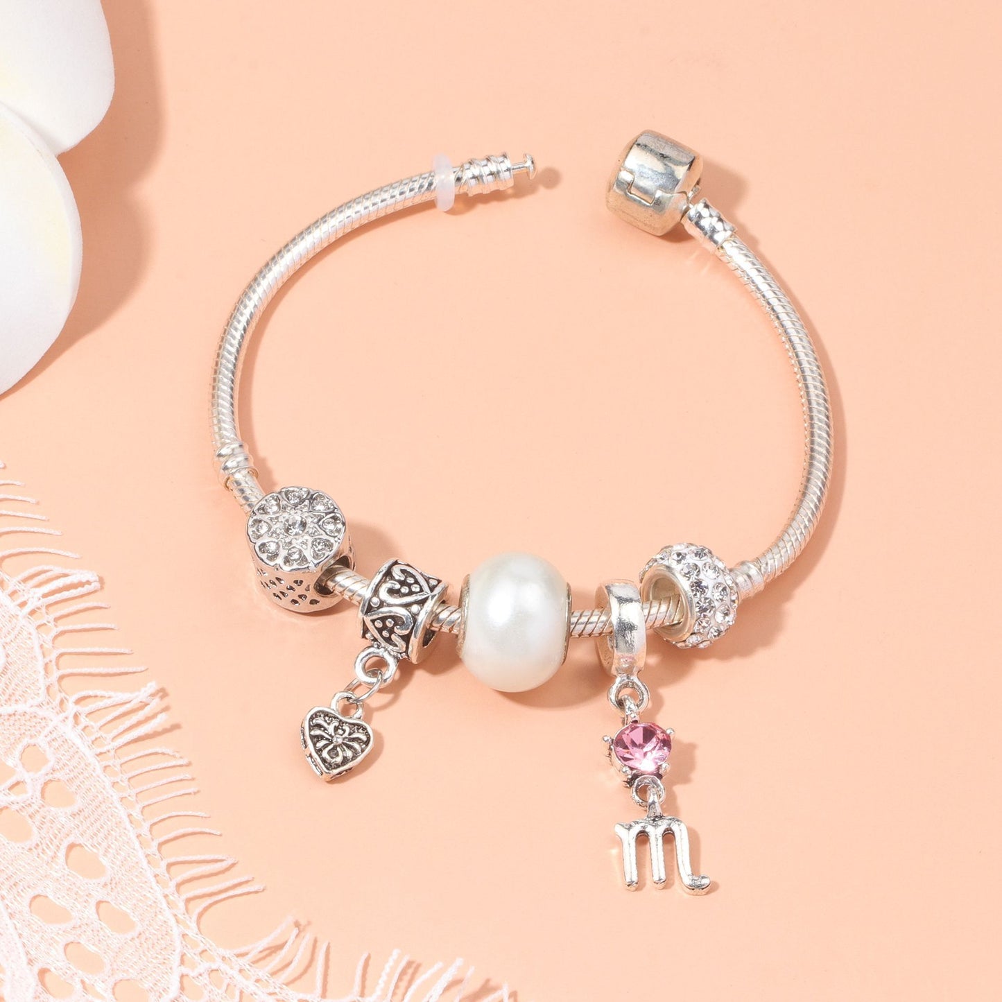 Constellation Heart Crystal Charm Bracelet(silver-toned,17cm)