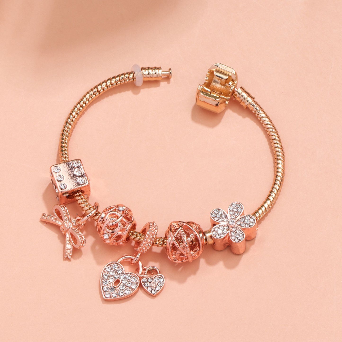 Hollow Out Crystal Flower Heart Bow Charm Bracelet(rose gold,18cm)