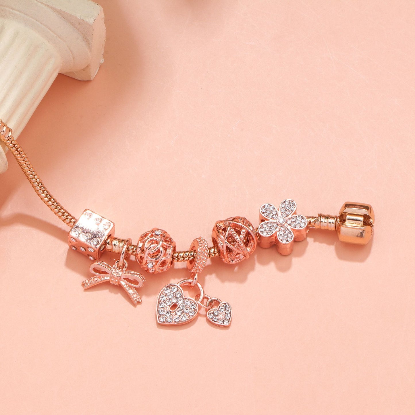 Hollow Out Crystal Flower Heart Bow Charm Bracelet(rose gold,20cm)