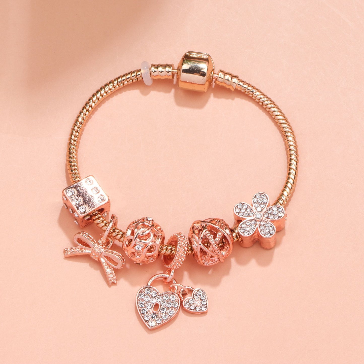 Hollow Out Crystal Flower Heart Bow Charm Bracelet(rose gold,20cm)