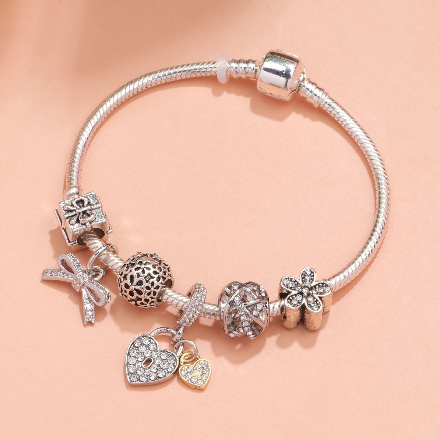 Hollow Out Crystal Flower Heart Bow Charm Bracelet(silver-toned,20cm)