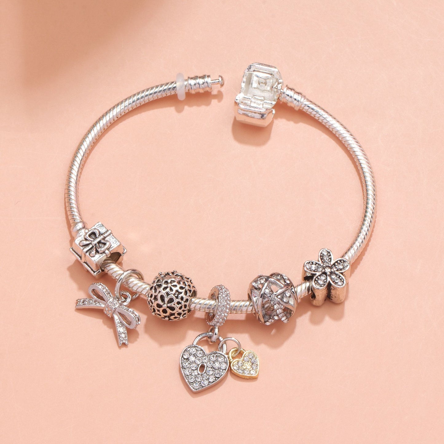 Hollow Out Crystal Flower Heart Bow Charm Bracelet(silver-toned,20cm)