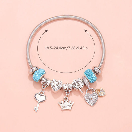 Charm Bracelet with Heart, Four-Leaf Clover & Rhinestone Beads(blue)