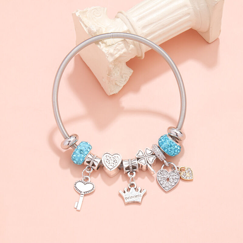 Charm Bracelet with Heart, Four-Leaf Clover & Rhinestone Beads(blue)