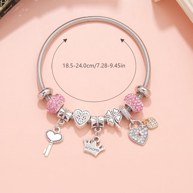 Charm Bracelet with Heart, Four-Leaf Clover & Rhinestone Beads(pink)