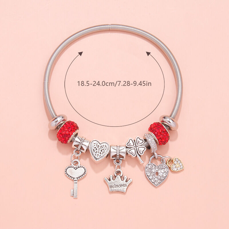 Charm Bracelet with Heart, Four-Leaf Clover & Rhinestone Beads(red)