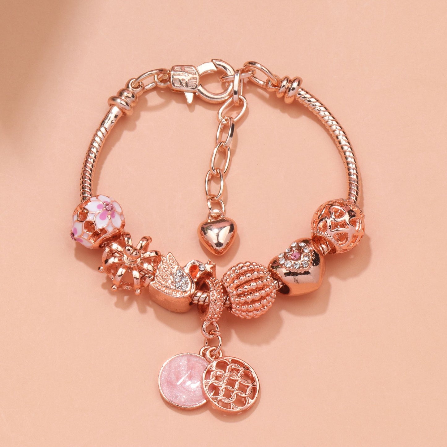 Hollow Crystal-Encrusted Swan Crown Flower Heart Bracelet(rose gold,19cm)