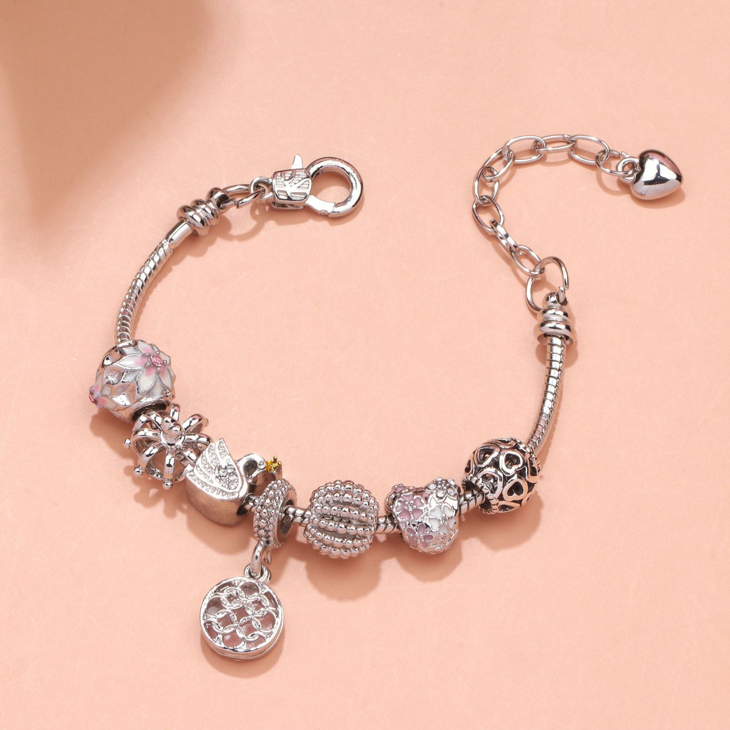 Hollow Crystal-Encrusted Swan Crown Flower Heart Bracelet(silver,18cm)