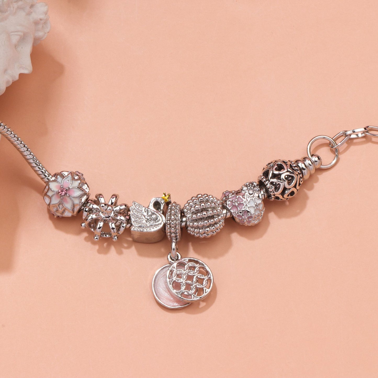 Hollow Crystal-Encrusted Swan Crown Flower Heart Bracelet(silver,20cm)