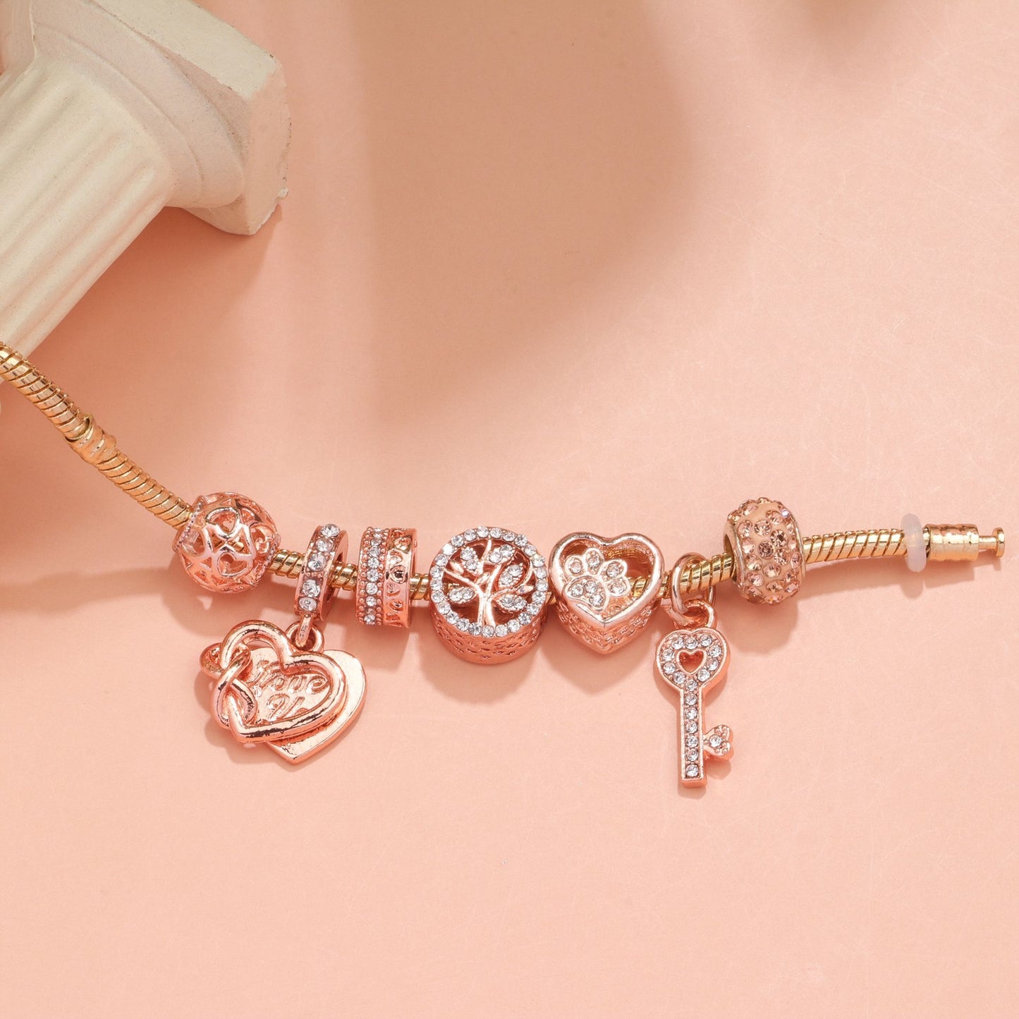 Crystal-studded Hollow Heart Key Tree of Life Bracelet(rose gold,17cm)
