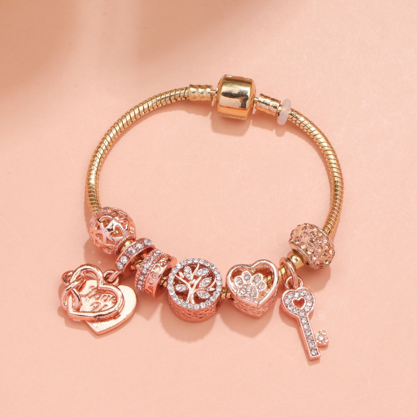 Crystal-studded Hollow Heart Key Tree of Life Bracelet(rose gold,17cm)
