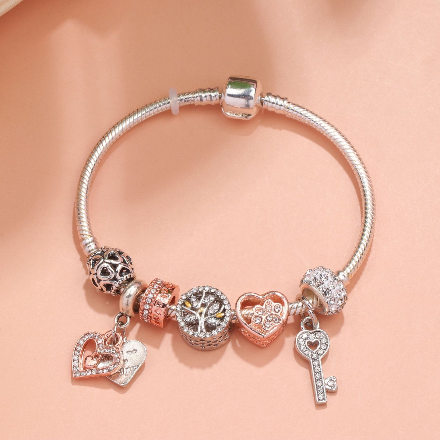 Crystal-studded Hollow Heart Key Tree of Life Bracelet(silver,20cm)