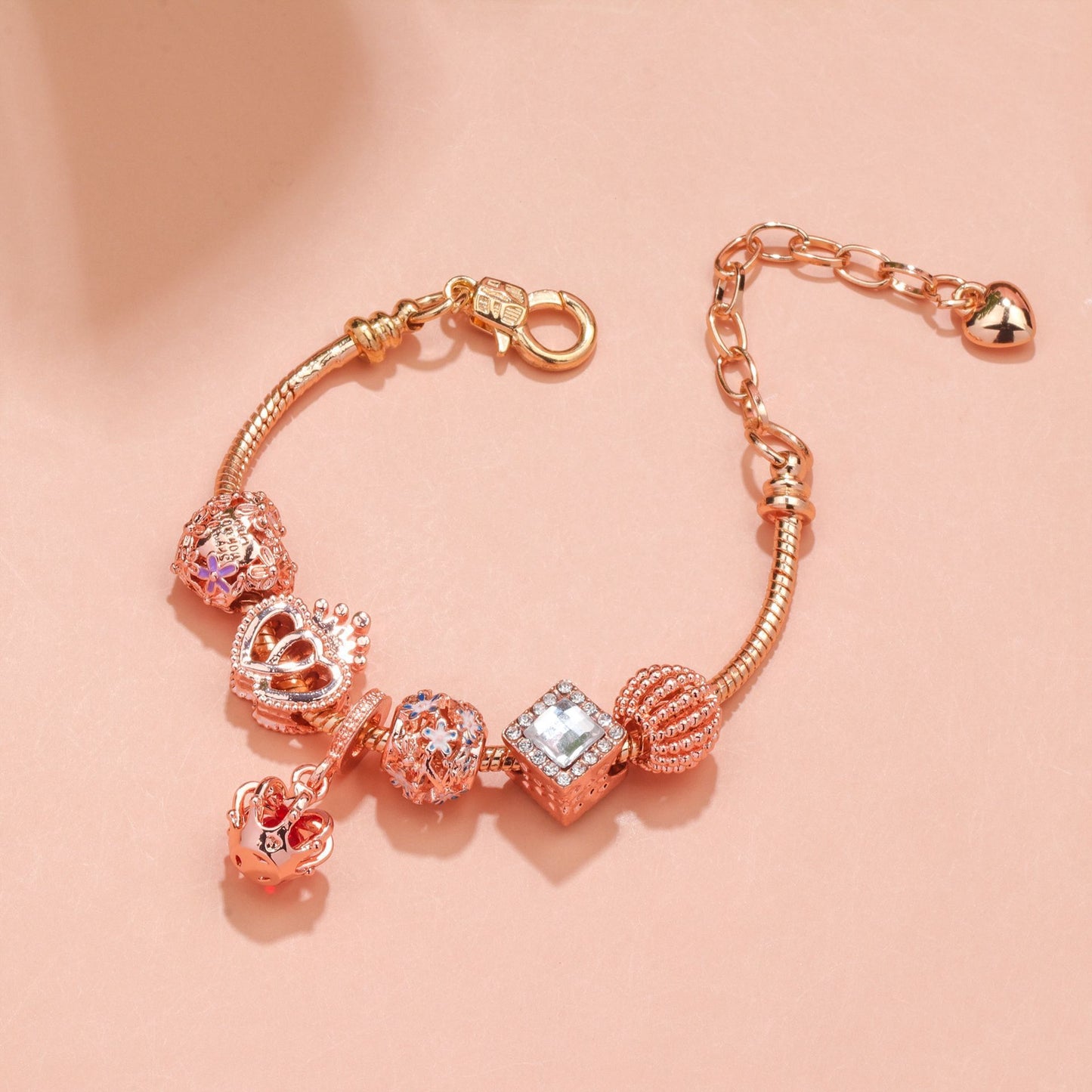 Hollow-out Rhinestone Heart Flower Charm Bracelet(rose gold,16cm)