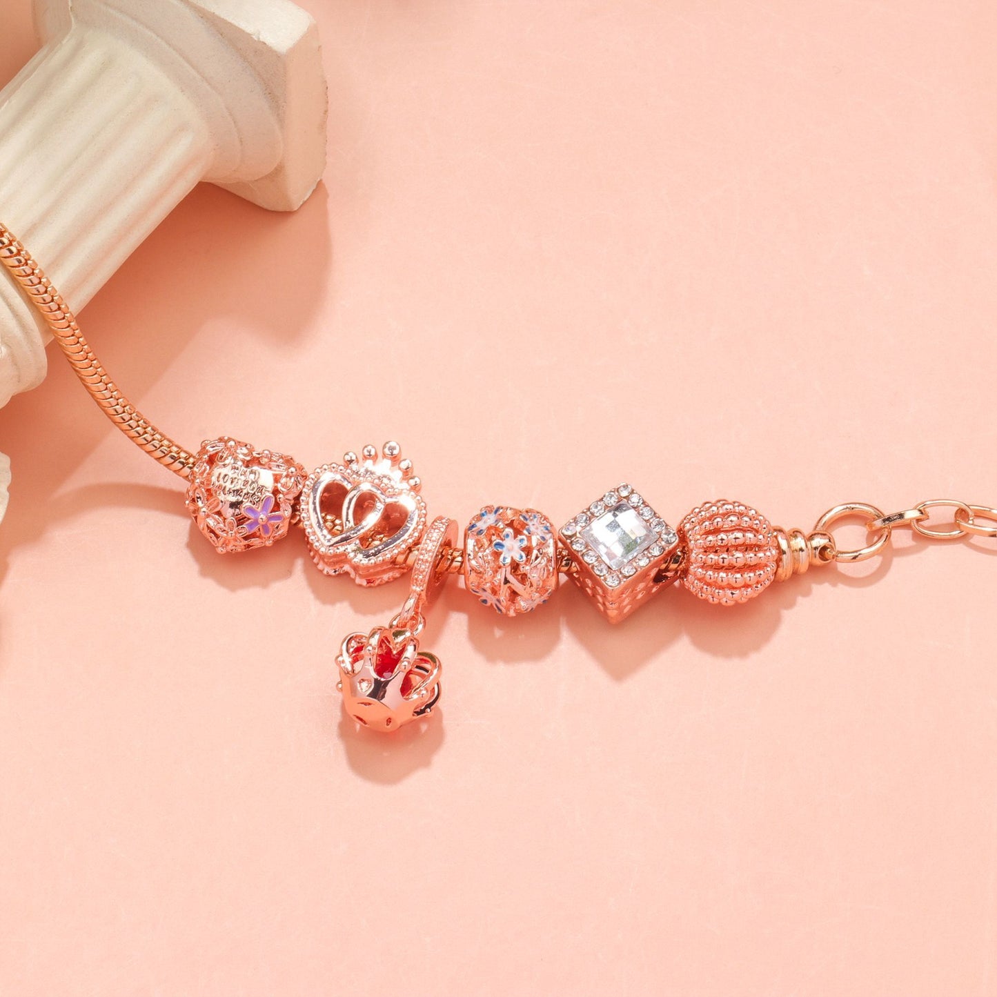 Hollow-out Rhinestone Heart Flower Charm Bracelet(rose gold,17cm)