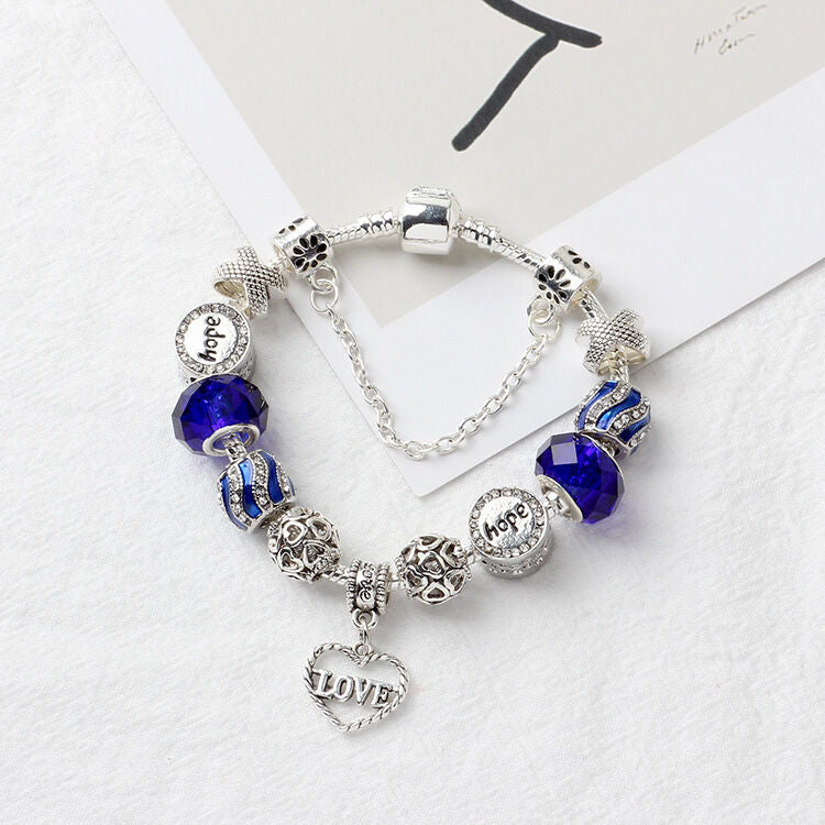 Romantic Love Heart Pendant Bracelet with Rhinestones, Glass Beads(19cm)