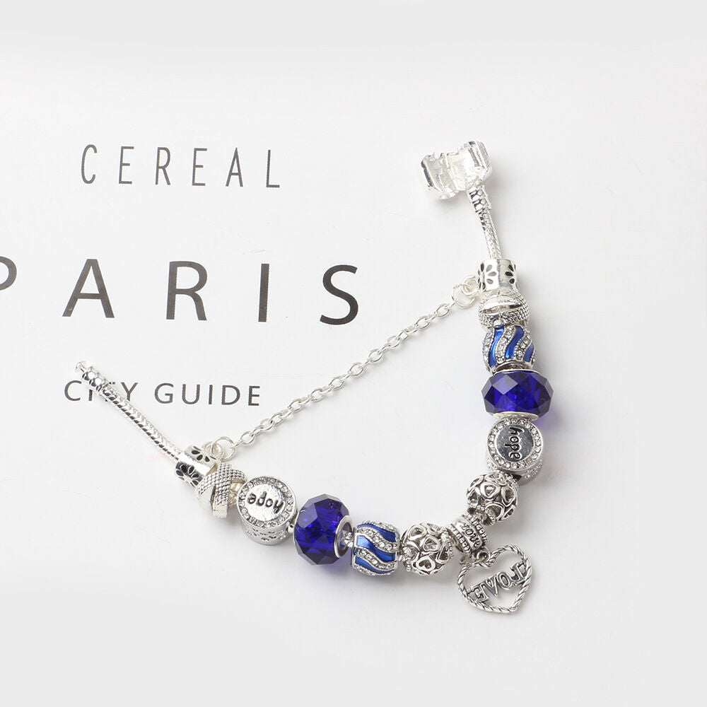 Romantic Love Heart Pendant Bracelet with Rhinestones, Glass Beads(21cm)