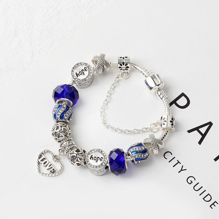Romantic Love Heart Pendant Bracelet with Rhinestones, Glass Beads(21cm)