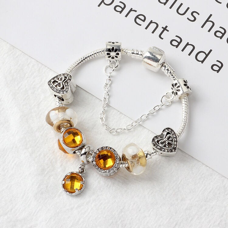 Yellow Zircon Heart Glass Beaded Bracelet with Rhinestones(18cm)