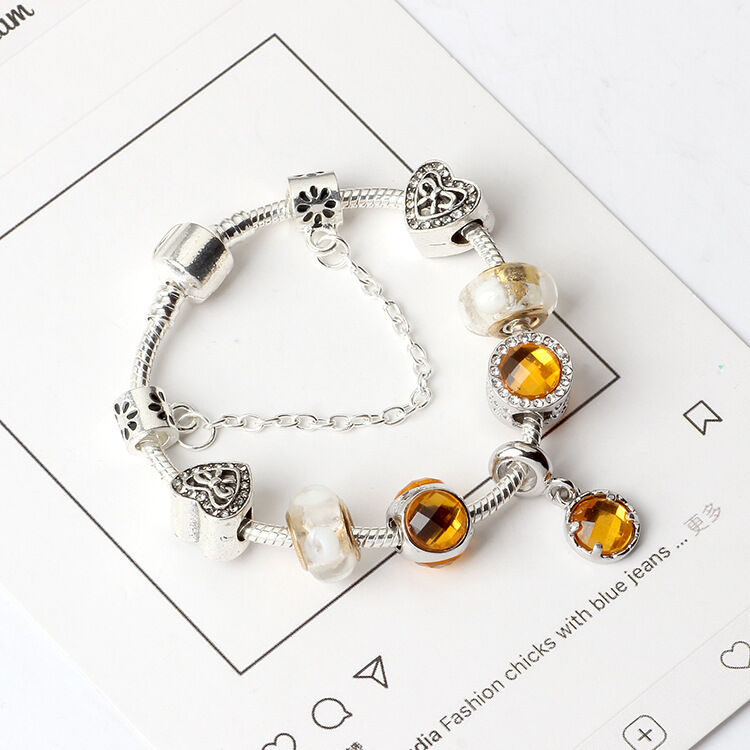 Yellow Zircon Heart Glass Beaded Bracelet with Rhinestones(18cm)