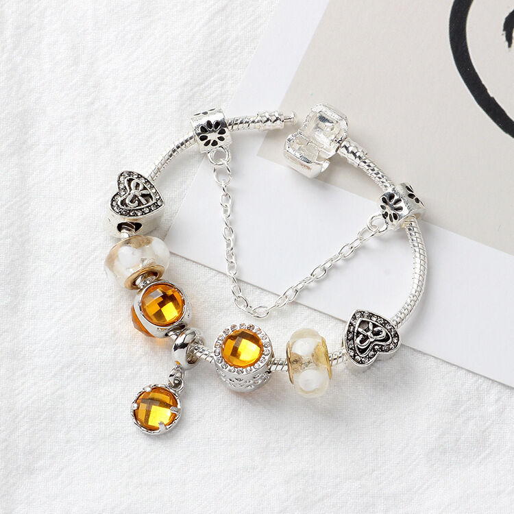 Yellow Zircon Heart Glass Beaded Bracelet with Rhinestones(18cm)