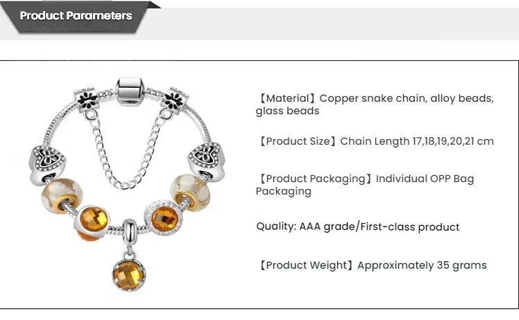 Yellow Zircon Heart Glass Beaded Bracelet with Rhinestones(19cm)