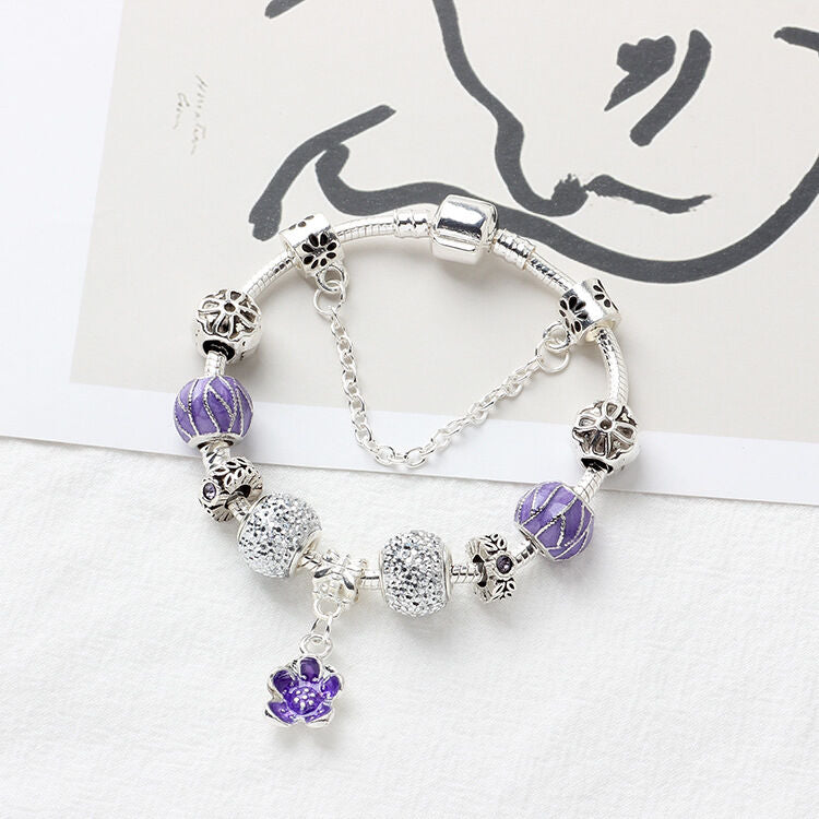 Vintage Alloy Charm Bracelet with Purple Flower Pendant, Crystal Beads(18cm)