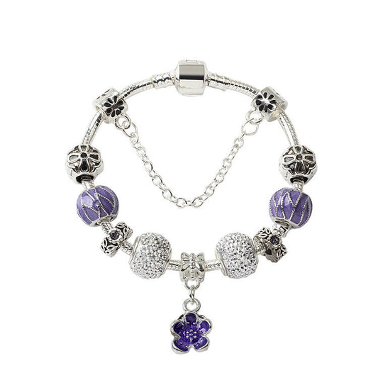 Vintage Alloy Charm Bracelet with Purple Flower Pendant, Crystal Beads(19cm)