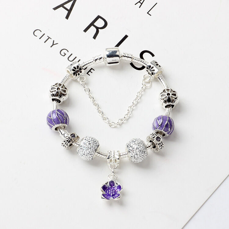 Vintage Alloy Charm Bracelet with Purple Flower Pendant, Crystal Beads(19cm)