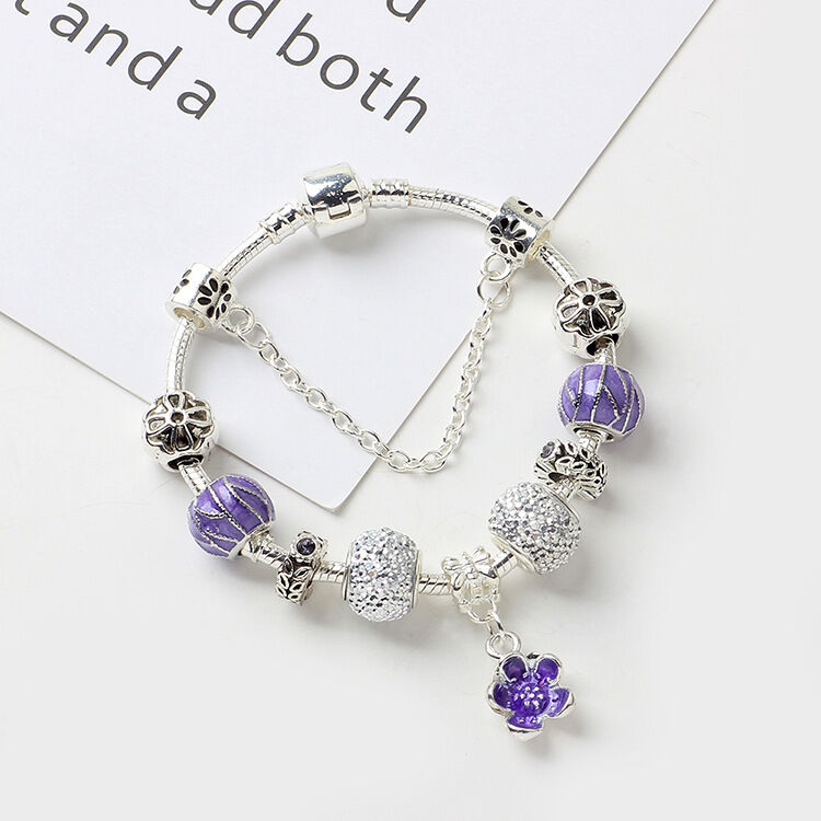 Vintage Alloy Charm Bracelet with Purple Flower Pendant, Crystal Beads(19cm)