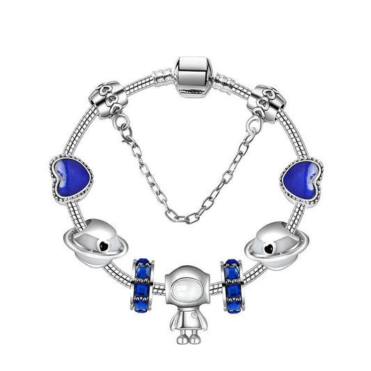 Sci-Fi Universe Spaceship Robot Blue Heart Beaded Bracelet with Rhinestones(19cm)