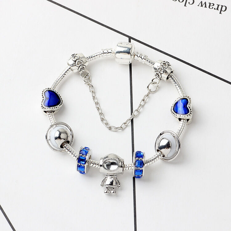 Sci-Fi Universe Spaceship Robot Blue Heart Beaded Bracelet with Rhinestones(19cm)