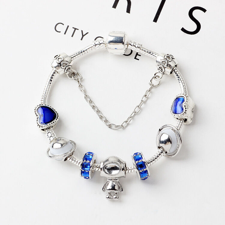 Sci-Fi Universe Spaceship Robot Blue Heart Beaded Bracelet with Rhinestones(20cm)