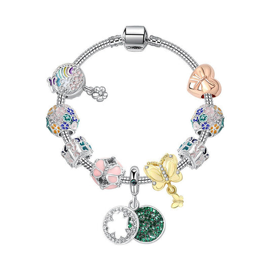 Rhinestone Inlaid Pastoral Style Butterfly Wreath Clover Pendant Bracelet(18cm)