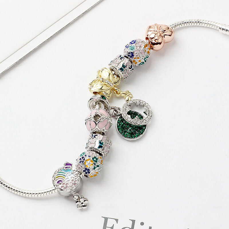 Rhinestone Inlaid Pastoral Style Butterfly Wreath Clover Pendant Bracelet(18cm)