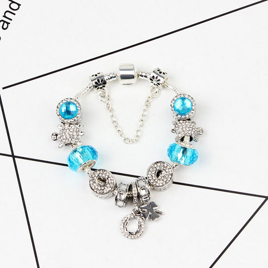 Charm Bracelet with Tortoise, Heart, Clover Pendant(Blue,18cm)
