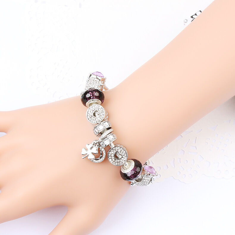 Charm Bracelet with Tortoise, Heart, Clover Pendant(Purple,20cm)