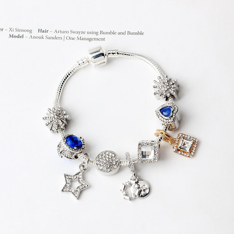 Sparkling Charm Bracelet with Smiley, Crystal, Rhinestone Beads & Hollow Star Zircon Pendants(19cm)