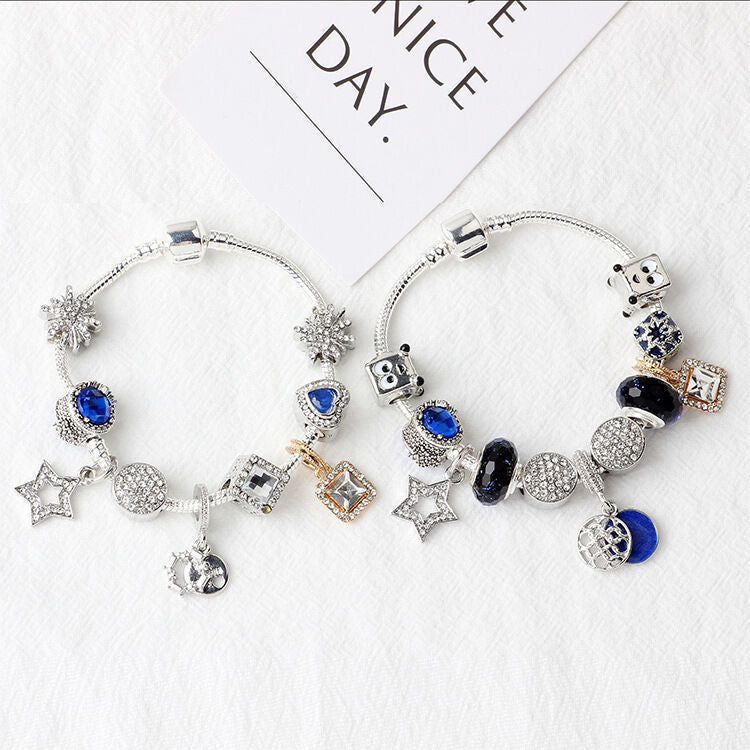 Sparkling Charm Bracelet with Smiley, Crystal, Rhinestone Beads & Hollow Star Zircon Pendants(19cm)